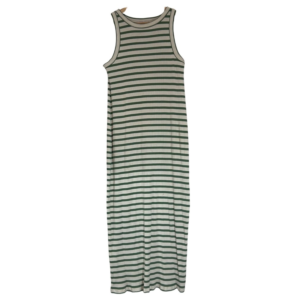 Ann Taylor Weekend Womens Green White Striped Ribbed Knit Maxi Tank Dress Large